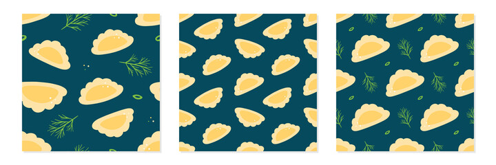 Set, collection of three vector seamless pattern backgrounds with  pierogi, filled dumplings with dill and green onion for food design.