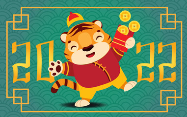 2022 year of the tiger. Happy Chinese new year banner with cute cartoon tiger with red envelope and money