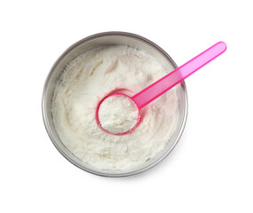 Can of powdered infant formula with scoop isolated on white, top view. Baby milk