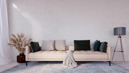 3d rendering,3d illustration, Interior Scene and  Mockup,beige leather sofa gray white wall.