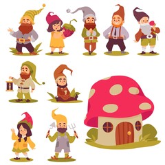 Garden fairy gnome cartoon characters set flat vector illustration isolated.