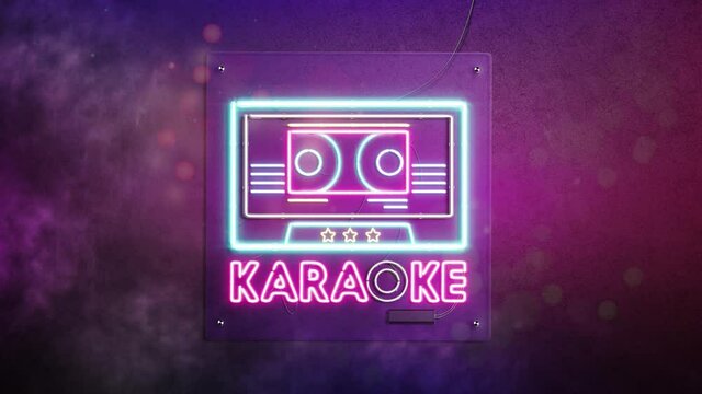Neon karaoke sign on dark concrete wall, looped switch, 4k