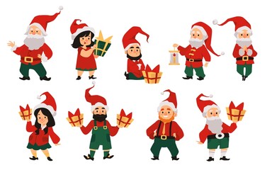 Funny cute Christmas dwarfs or gnomes flat vector illustration isolated.