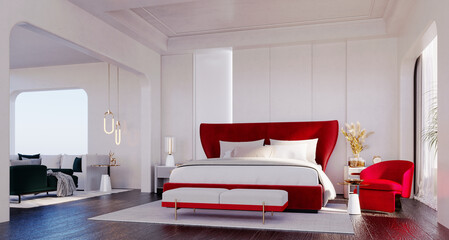 3d rendering,3d illustration, Interior Scene and  Mockup,Bedroom with white walls and red furniture.