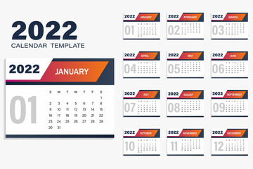 Calendar template for 2022 in yellow-blue color. The week starts on Sunday. White Background Vector