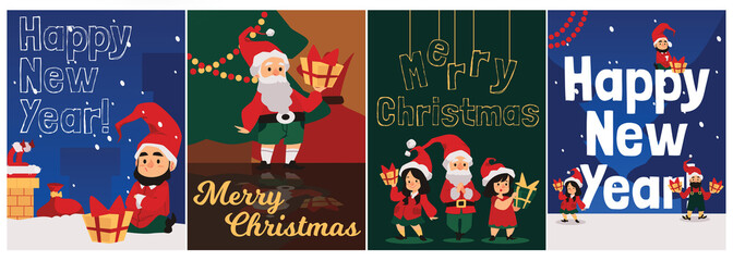Fototapeta na wymiar Christmas and New Year cards with elves or dwarfs, flat vector illustration.