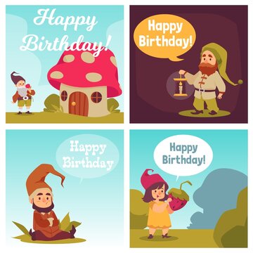 Set of greeting birthday cards template with cute funny cartoon gnomes