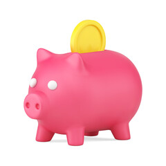 Pink piggy bank with gold coin 3d icon. Vault for cash and savings