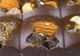 Milk chocolate bar with nuts, dried fruits and  raisins background texture. Close up, macro photo.