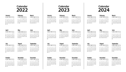 Calendar template for 2022, 2023 and 2024. Calendar design in black and white. The week starts on Sunday. Victor