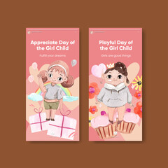 Instagram template with International Day of the Girl Child concept,watercolor style