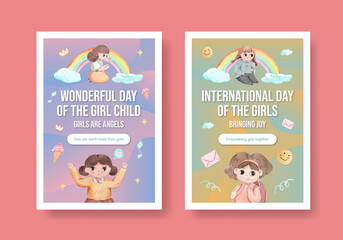Poster template with International Day of the Girl Child concept,watercolor style