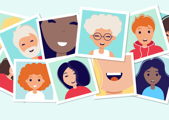 World smile day. Many pictures with smiling people of different nationalities. Photo frames on the table. Template for banner, postcard, card, invitation. Illustration in flat style.