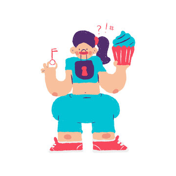 Diet vector concept illustration with cute woman character with key and cake isolated on a white background.