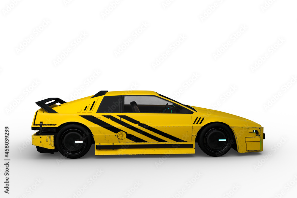 Poster side view 3d rendering of a yellow and black cyberpunk style futuristic car isolated on a white back