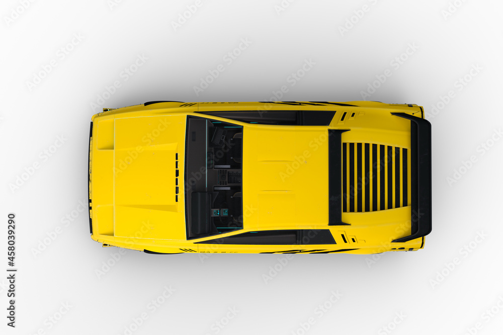 Poster Overhead view 3D rendering of a yellow and black cyberpunk style futuristic car isolated on a white background.