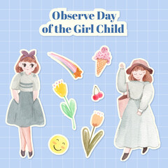 Sticker template with International Day of the Girl Child concept,watercolor style
