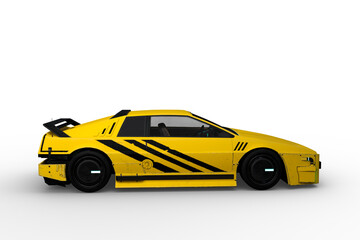 Side view 3D rendering of a yellow and black cyberpunk style futuristic car isolated on a white background.