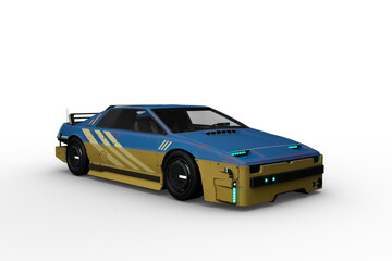 3D rendering of a blue and yellow futuristic cyberpunk style car isolated on a white background.
