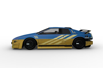 Side view 3D rendering of a blue and yellow futuristic cyberpunk style car isolated on a white background.