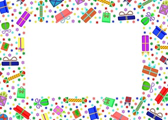 Frame template made of festive boxes and stars. Multi-colored image.