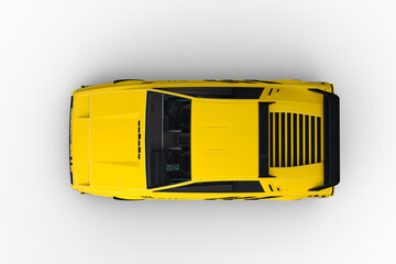 Fototapeta na wymiar Overhead view 3D rendering of a yellow and black cyberpunk style futuristic car isolated on a white background.