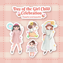 Sticker template with International Day of the Girl Child concept,watercolor style