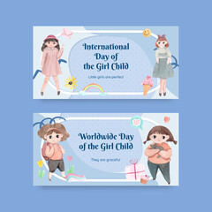 Twitter template with International Day of the Girl Child concept,watercolor style