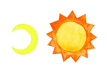 Abstract watercolor painting hand draw doodle moon and sun. Childish cartoon doodle style, day and night concept. Isolated on white background.