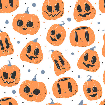 Halloween pumpkin face vector cartoon seamless pattern on a white background for wallpaper, wrapping, packing, and backdrop.