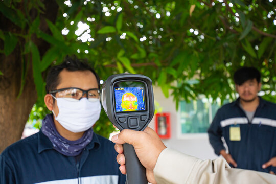 A Male Person Being Measured Scan Body Temperature With A  Infrared