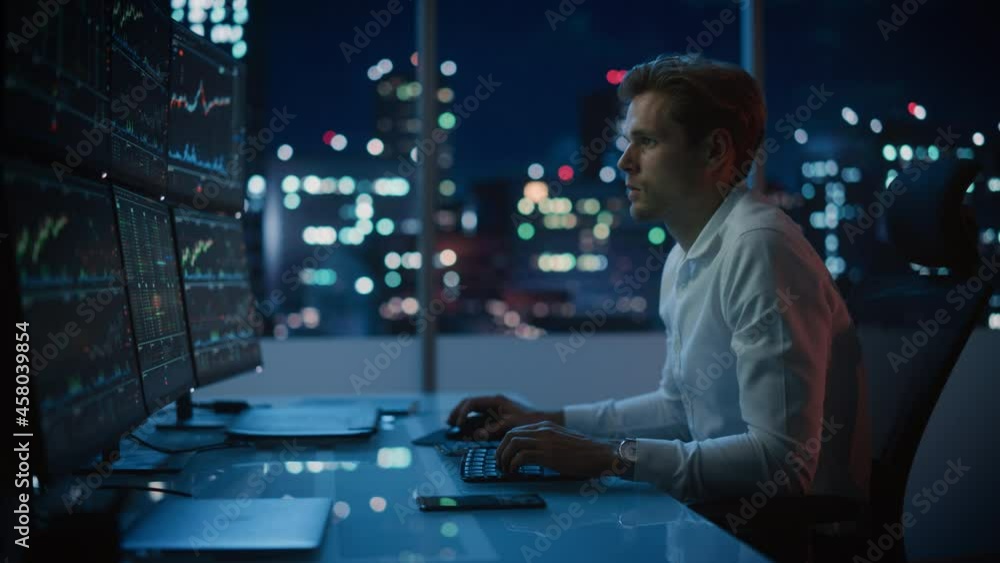 Poster financial analyst working on a computer with multi-monitor workstation with real-time stocks, commod