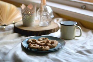 Plate with cookies, open book, lit candles and fairy lights. Hygge at home. Selective focus.