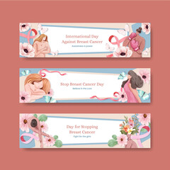 Banner template with breast cancer awareness month concept,watercolor style