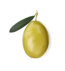 Delicious fresh green olive with leaf on white background