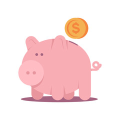 Cute piggy bank with gold coin vector cartoon character isolated on a white background.