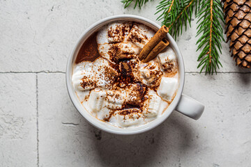 Cup of cocoa with marshmallow and cinnamon, christmas background, top view, copy space.