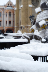 White snow covered restaurant table in winter in Novi Sad, Serbia