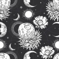 Planets, flower and sun. Space illustration. Surrealism.