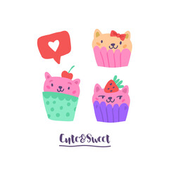 Cute vector illustration with cat ice muffins, cupcakes, strawberry, cherry with hearts isolated on white. Kids t-shirt illustration with sweets and cute animals