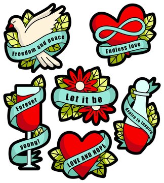 Set of stickers in a flat style. Stickers with the image of a glass, a bottle, a heart, plants and a ribbon with inscriptions. The set is placed on a white background. 