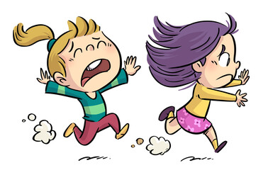 Illustration of little girls running scared - obrazy, fototapety, plakaty