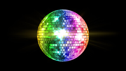 Mirror Ball Disco Lights Club Dance Party Glitter 3D illustration. - obrazy, fototapety, plakaty