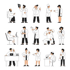 Doctors and nurses. Isolated medical group, people in white uniform. Pharmacist, physician and doctor. Ambulance team, recent hospital vector set