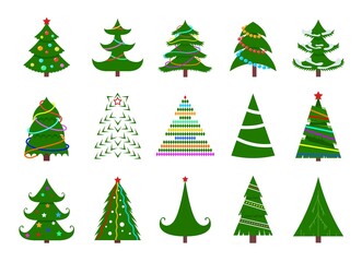 Christmas tree flat icons. New year trees, xmas star and tradition decorations. Cartoon winter holiday graphic elements, exact seasonal vector symbols