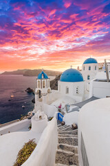 Europe summer destination. Traveling concept, sunset scenic famous landscape of Santorini island, Oia, Greece. Caldera view, colorful clouds, dream cityscape. Vacation panorama, amazing outdoor scene - obrazy, fototapety, plakaty