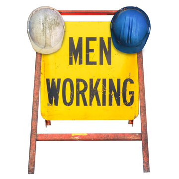 Men Working road construcion sign with hanging work helmets isolated on white