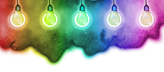 Idea and future concept with colored lightbulbs and rainbow lighting effects