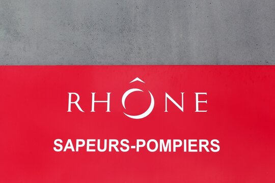 Lyon, France - October 7, 2017: Firefighters of Rhone department sign in France called sapeurs-pompiers in French language