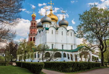 Fototapeta na wymiar Novodevichy monastery. Smolensk cathedral and bell tower. Moscow, Russia
